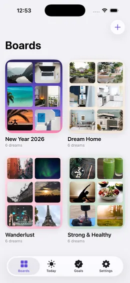 The Wishframe board library organized by life area